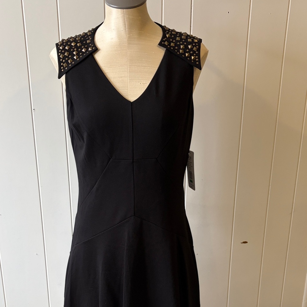 Nue by Shani Black Dress with Studded Shoulders and Body Shaping Architecture